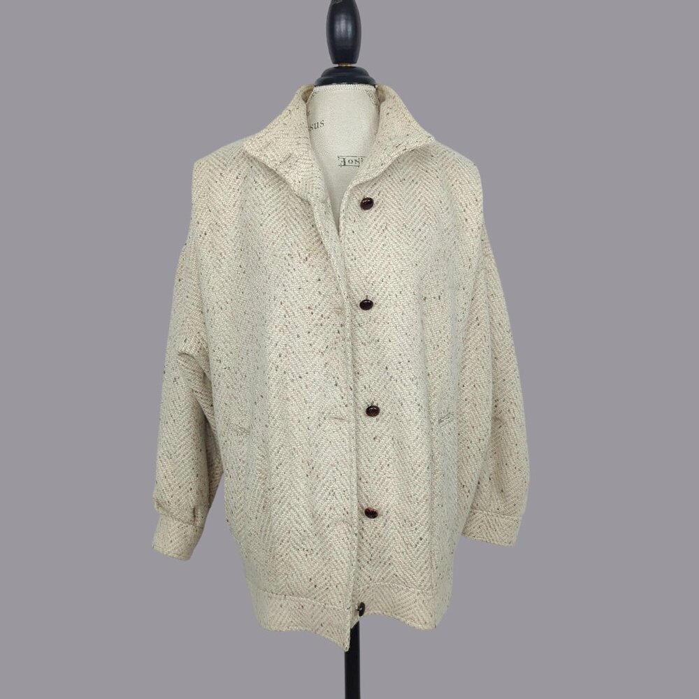 Vintage 80s Cream Tweed Pea Coat Medium PLC Wool Short Oatmeal - Picture 12 of 12